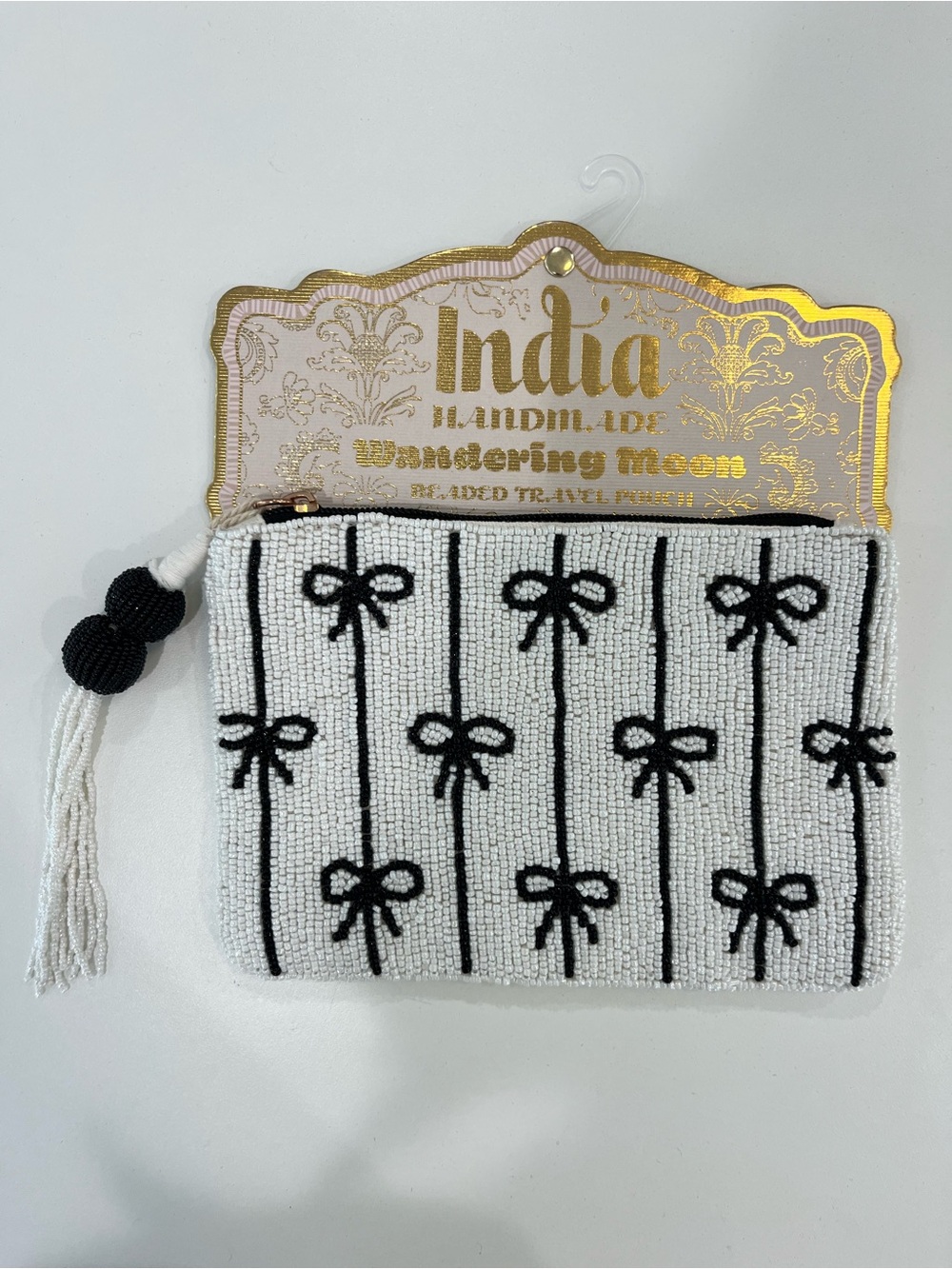 WANDERING MOON Bow Pattern Beaded Pouch Bag White w/ Black Stripes NWT